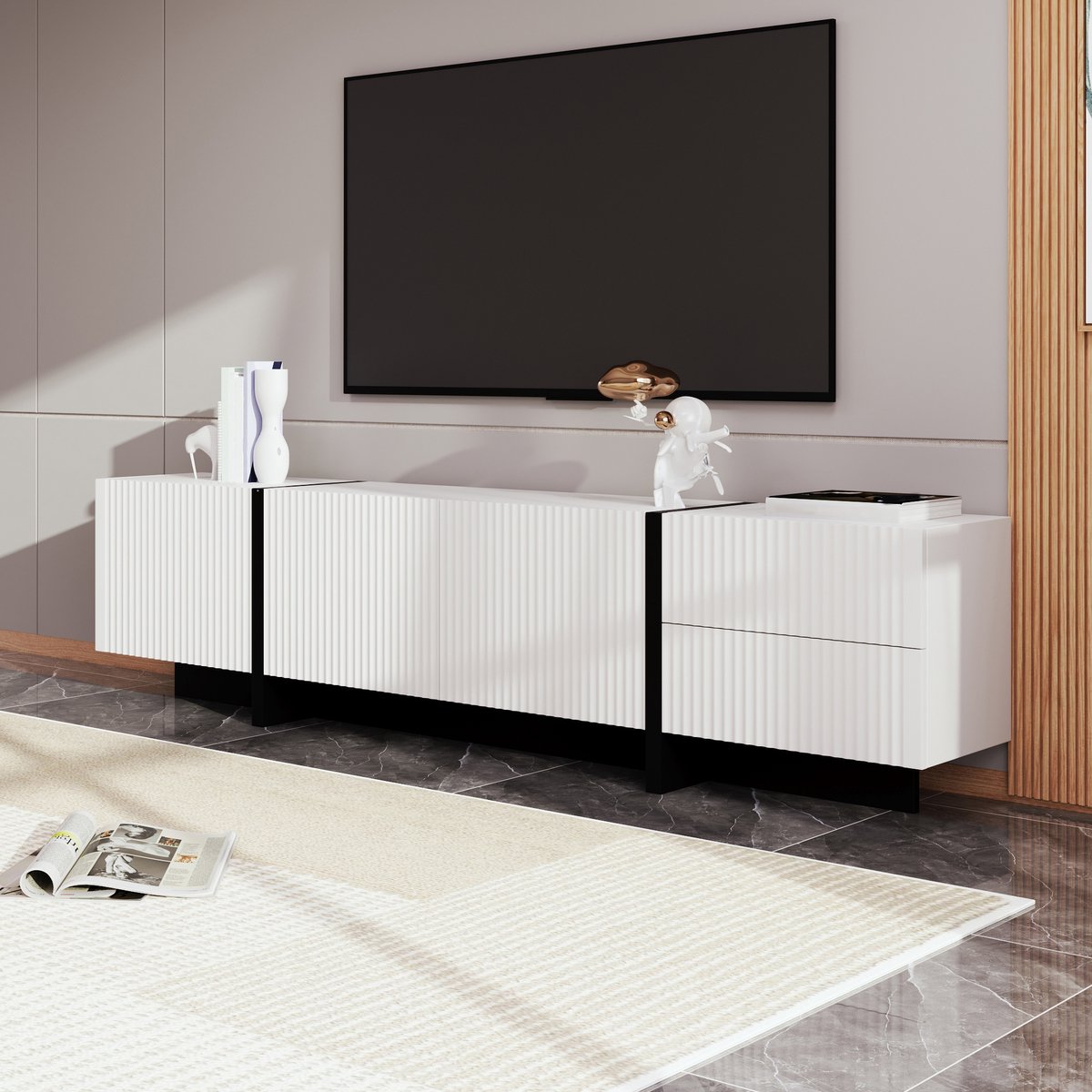 MUVANO Tv Meubel 190 cm - Tv Kast Zwart Wit - Tv Dressoir Met 3 Deuren En 2 Lades - Modern Design - 190x35x45 cm - Opbergruimte - Woonkamer Zwart Wit