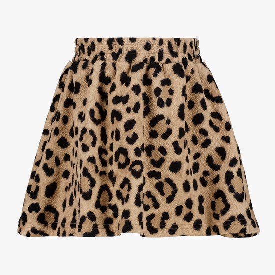Korte, beige rok met zwarte panterprint en elastische tailleband.