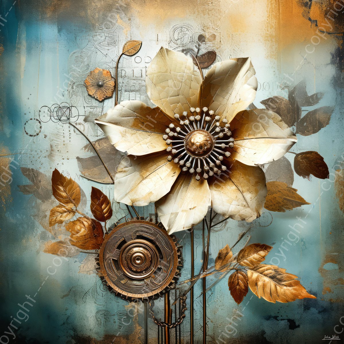 John Joseb Art (Canvas) 60x60 | Bloemen en bladeren van metaal en tandwiel in Art Deco stijl, kunst | industrieel, vierkant, goud, bruin, blauw, grijs, modern | Foto-Schilderij canvas print (wanddecoratie) Canvas, dikte 2 cm