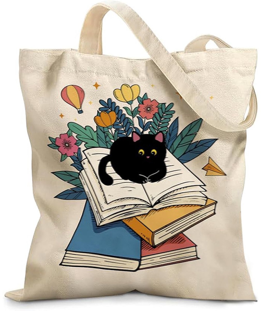 Cadeau voor vrouwen – Stijlvolle canvas tas – Met een leuk ontwerp – Herbruikbare boodschappentas – Ook te gebruiken als modeaccessoire – Dessin met een stapel boeken