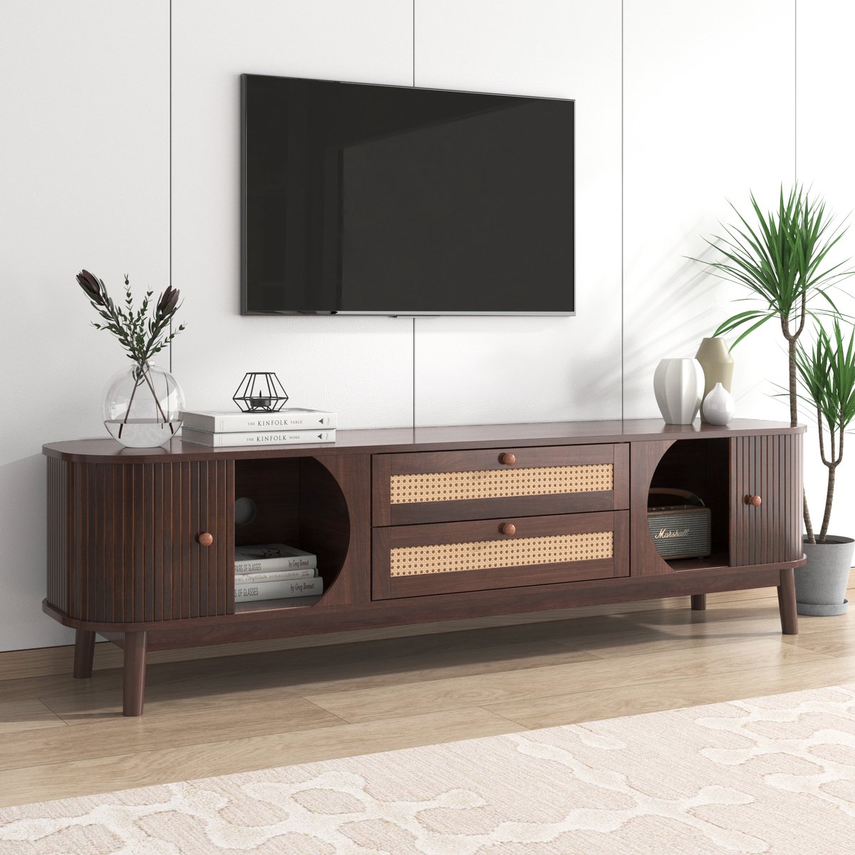 MUVANO Tv Meubel Rotan - Houten Tv Kast - Tv Dressoir Met Deuren En Lades - Landelijk Tv Meubel - 170x39,5x46 cm - Opbergruimte - Woonkamer Walnoot