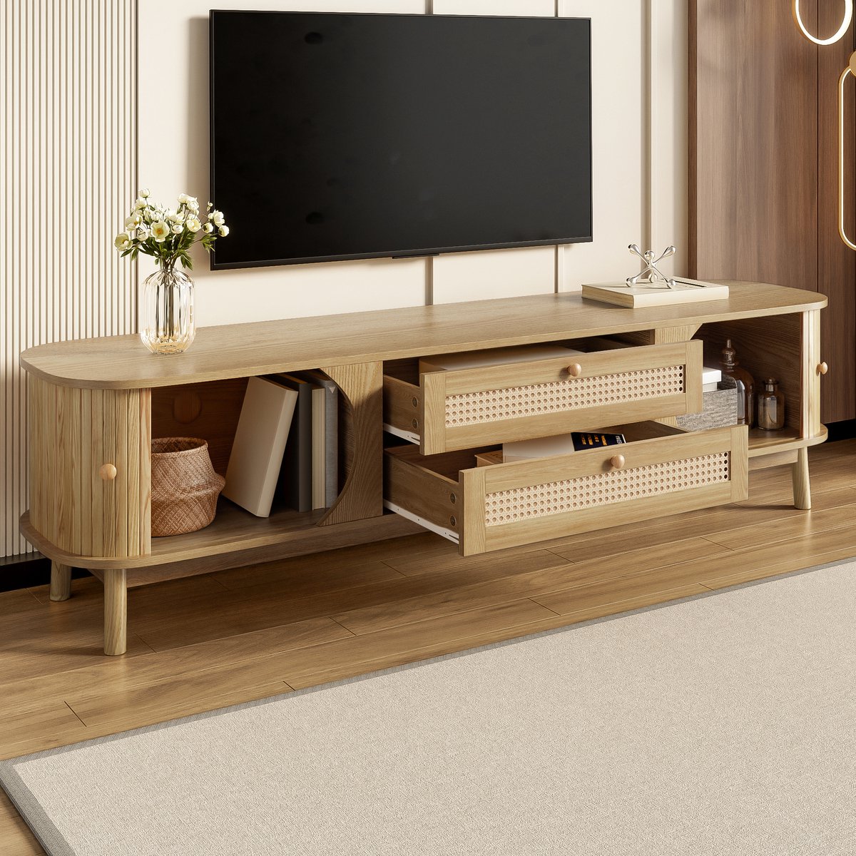 MUVANO Tv Meubel Rotan - Houten Tv Kast 170 cm - Tv Dressoir Landelijke Stijl - Met Schuifdeuren - 170x39,5x46 cm - Opbergruimte - Woonkamer Natuurlijke Houtkleur