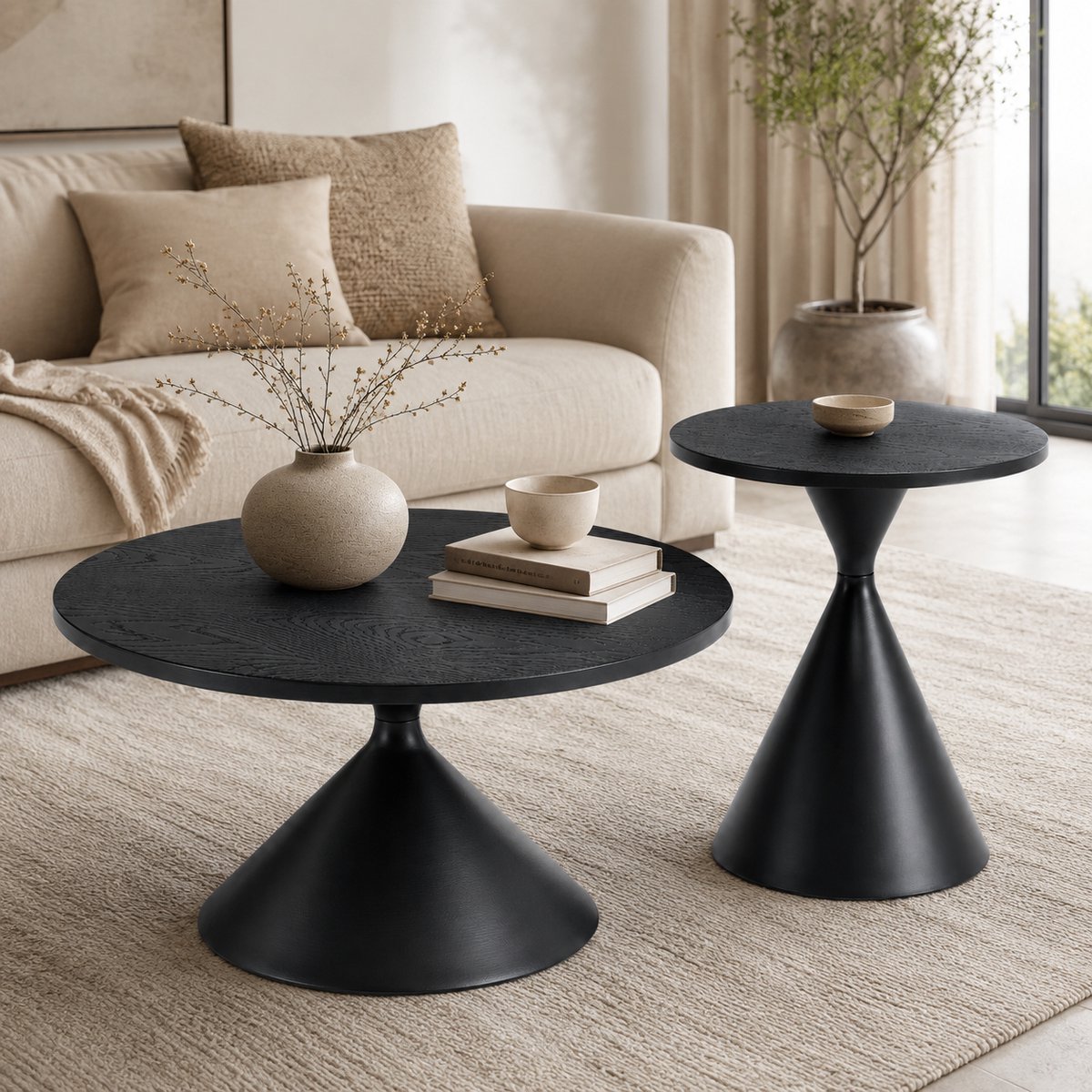 Ropilly Ronde salontafel set van 2 - Zwarte houtnerf look - MDF en metaal - Woonkamer - Zwart