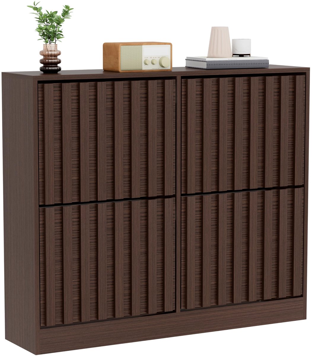 UEV schoenenkast met 4 deuren, hout, smal schoenenrek (donkerbruin)