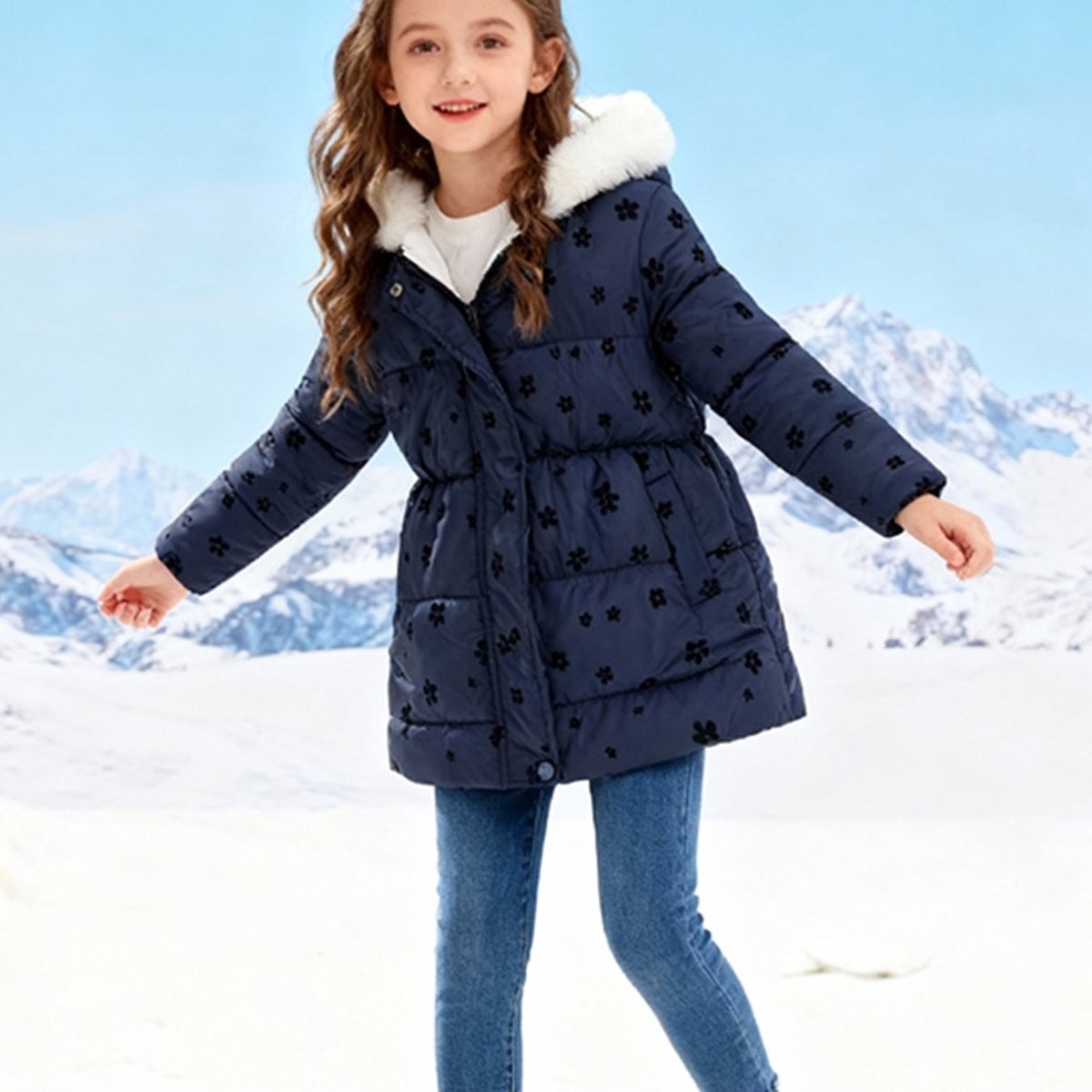 Currero Winterjas Parka Meisjes Lange Jas Meisje Wintermantel Overjas Gewatteerd Waterdicht Winter Stijlvol Mantel Kinderen 9-10 Jaar Zwarte Bloem