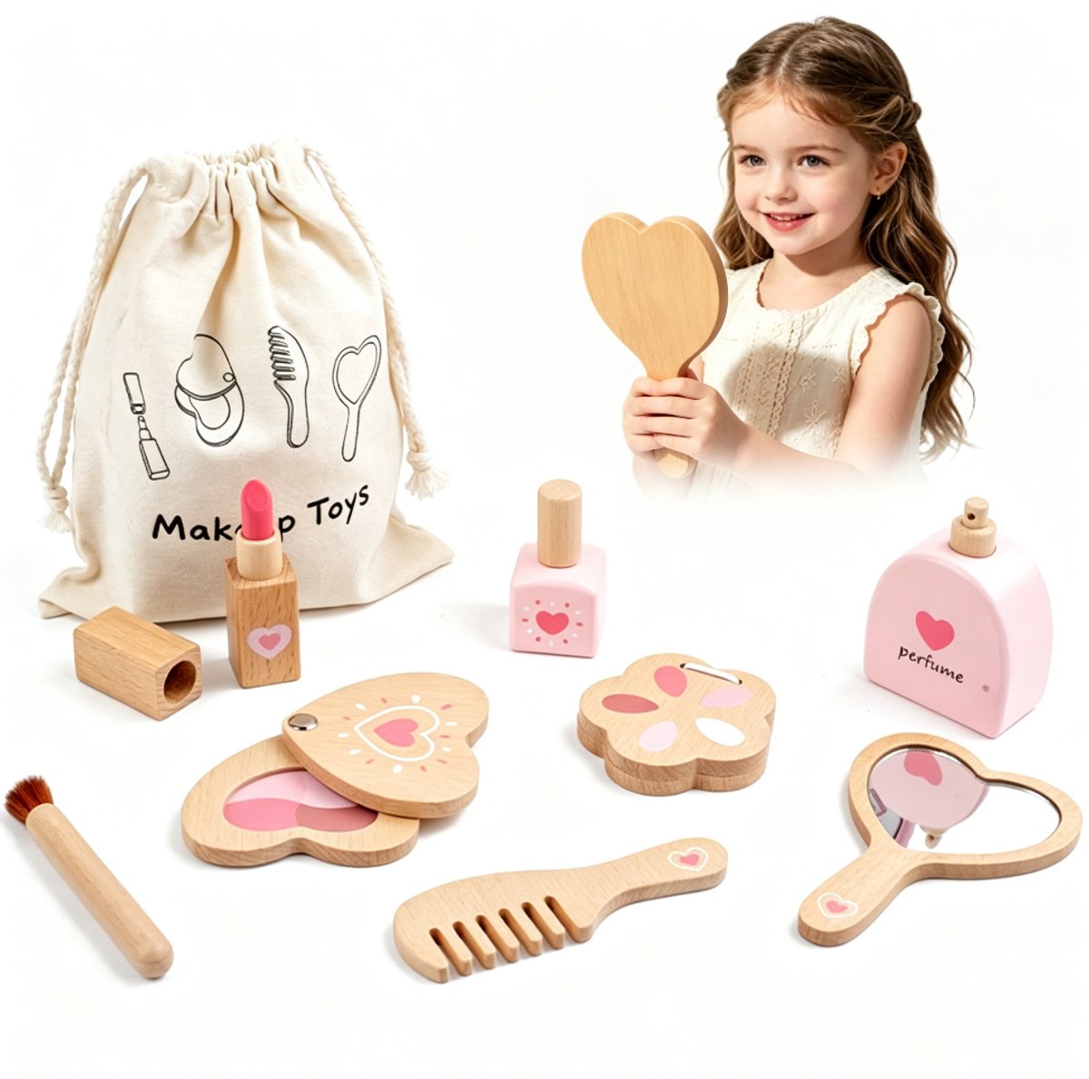 Houten Kinderschminkset voor Meisjes, Rollenspel Make-up Speelgoedset met Sieraden Tas, Veilig Houten Schmink Speelgoed, Verjaardags- en Kerstcadeau voor Kinderen van 3 4 5 6 7 Jaar