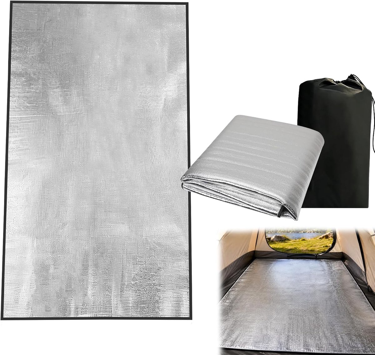 Campingmat van aluminium, 200 x 100 cm, EPE-schuimmat en reflecterende folie, opvouwbaar en waterdicht, lichte thermomat met tas voor tent, wandelen en picknick