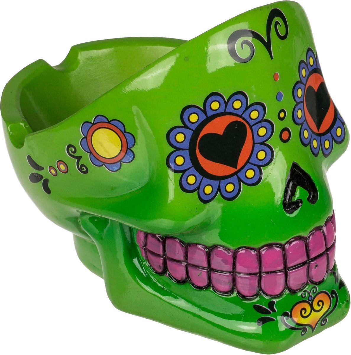 Schedel-asbak van polyresin, motief Dag van de Doden, meerkleurig, 12 cm, 6 verschillende kleuren, met geschenkdoos (groen)