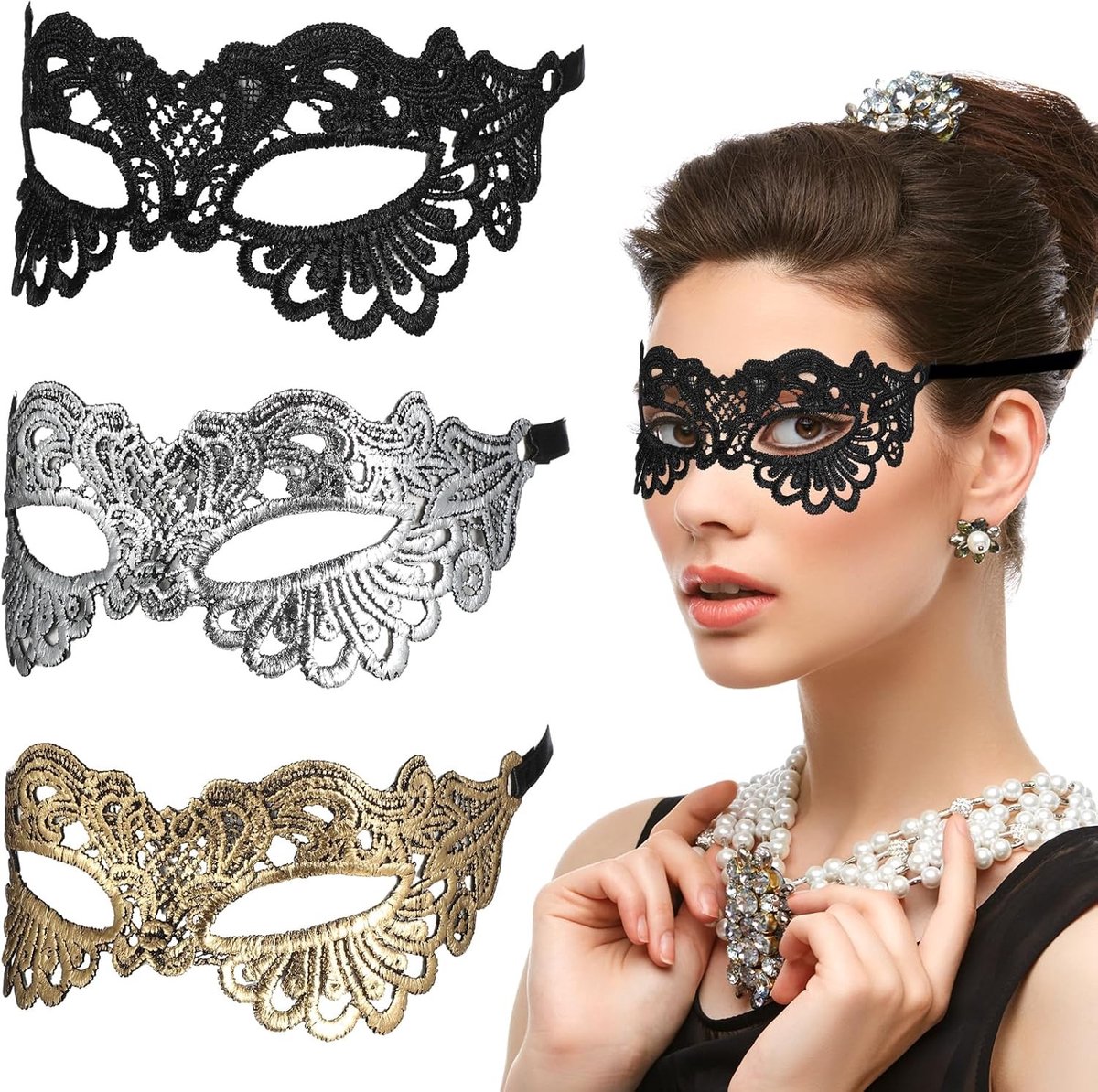 3-delige Kantmasker Set voor Venetiaans Maskerbal, Halloween en Carnaval voor Volwassenen
