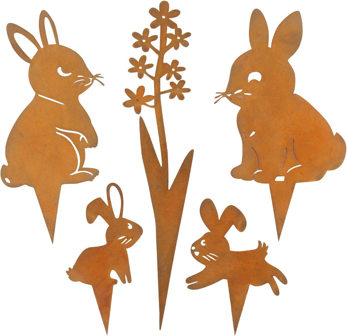 5-in-1 decoratieve tuinpalen, hazenilhouet, paasdecoratie, van roestend metaal, tuinsteker, lentedecoratie voor buiten, voor gazon, binnenplaats buiten