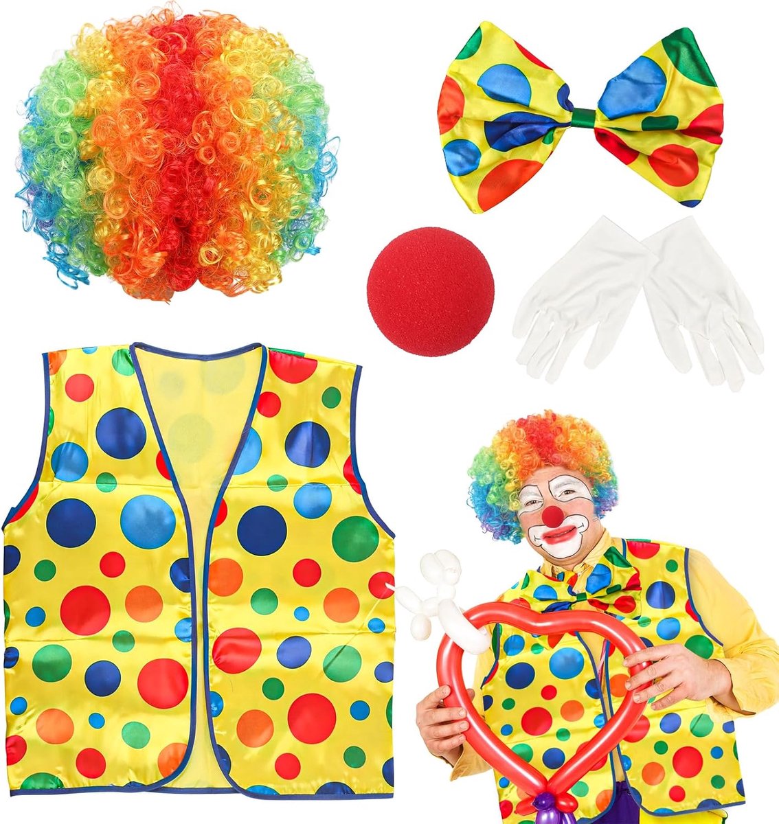Clownskostuum voor volwassenen, circus clown cosplay kostuum, met pruik, neus, handschoenen, stropdas, vest, voor Halloween, carnaval, circus, feestaccessoires