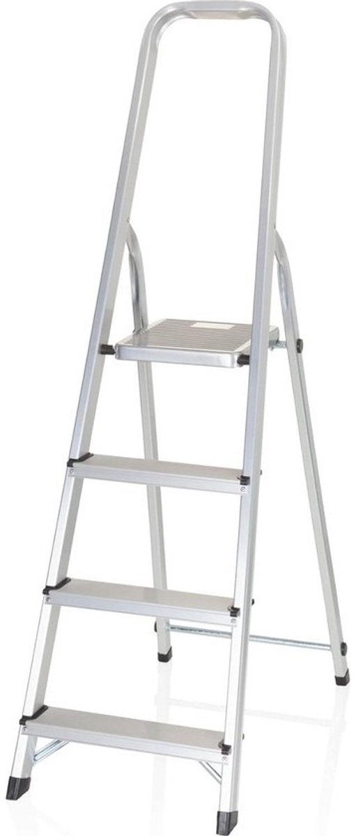 Klapladder met 4 treden en veiligheidsbeugel - aluminium - belastbaar tot 150 kg - zilver Trapladder