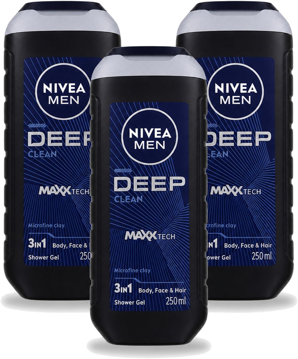3 x Nivea Men – Douchegel – Deep Clean – 250 ml - Voordeelverpakking - 3 stuks
