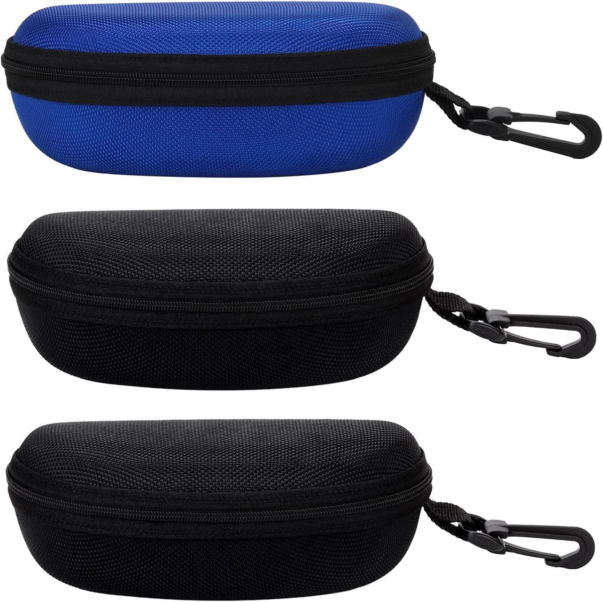 3 Stuks Draagbare Hard Shell Zonnebril Case, Rits Eyewear Brillen Case met Haak voor Vrouwen Mannen Reizen Sport (2 x Zwart & Blauw)