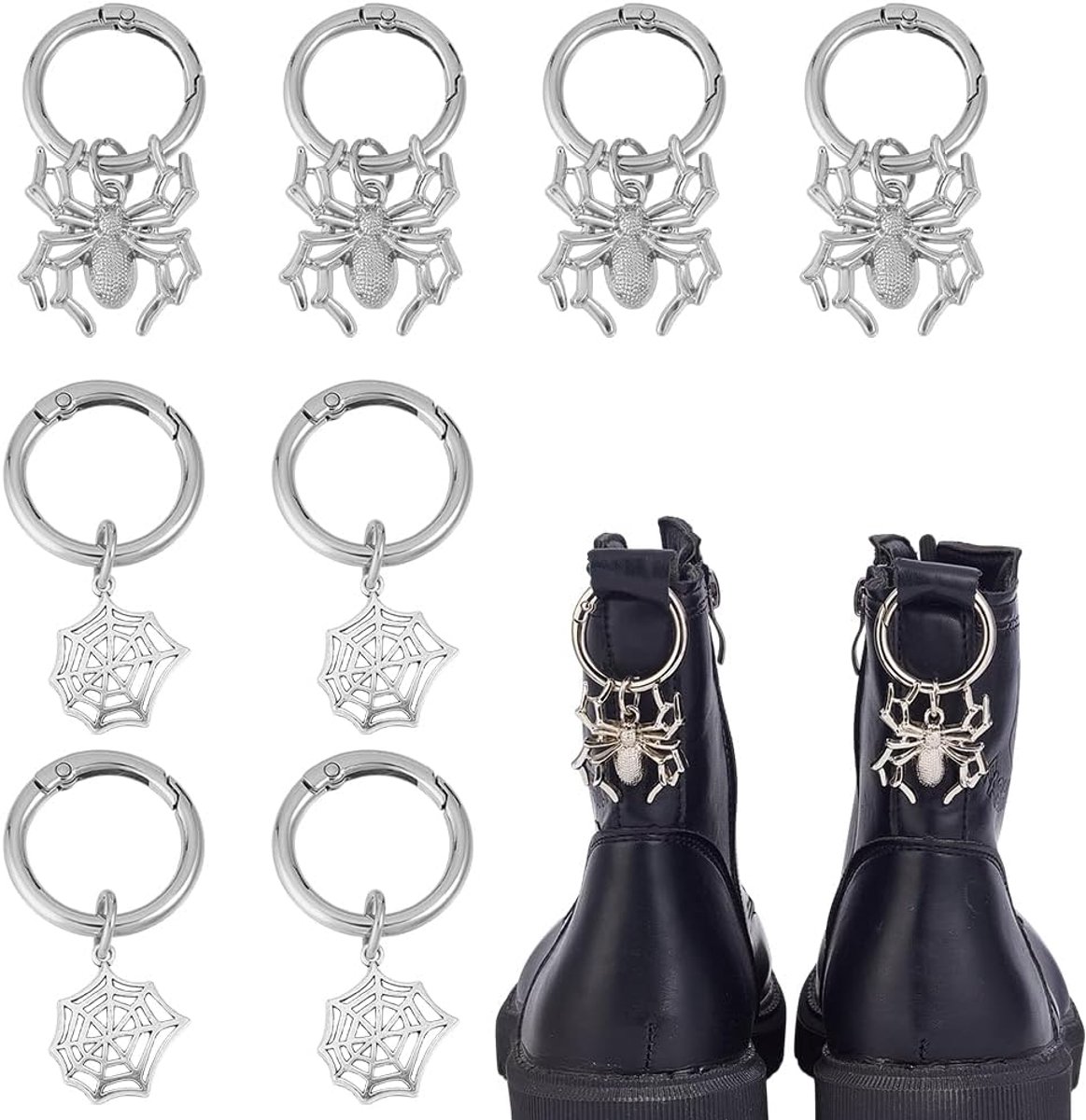 Bedels, spinnenweb schoenkettingen met lente O-ring, punk, retro laarsbedels voor klompen, sneakers, tasbedels, sleutelhanger, Halloween feestgeschenken