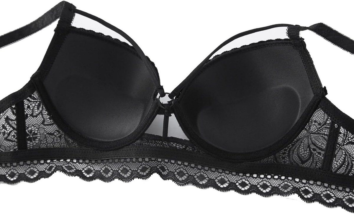 Push-up-beha van kant voor dames, effen, dunne bandjes, sexy, string, opengewerkt