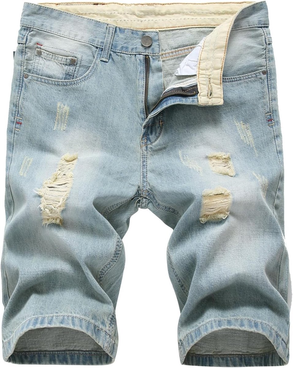 Jeans shorts voor heren, gescheurd, rechte pasvorm, Lichtblauw, 30