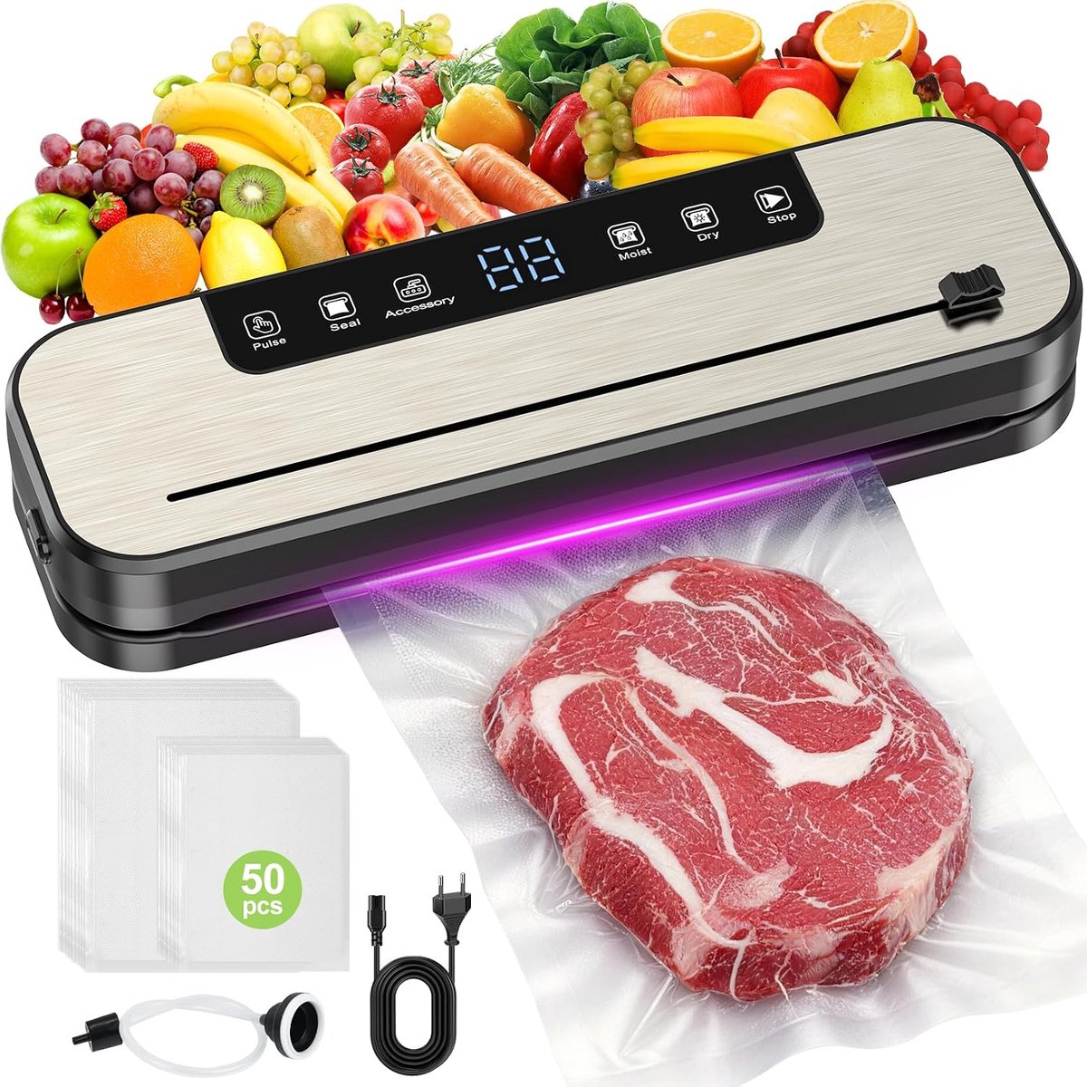 Vacuümseerapparaat, 6-in-1 vacuümsealer voor droge, vochtige en verse levensmiddelen, compact, zichtbaar digitaal display, folielasapparaat voor levensmiddelen, bevat 50 vacuümzakken en slang