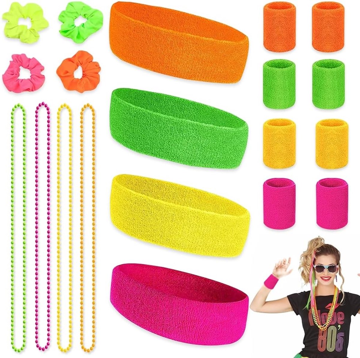 Zweetband set, 20 stuks zweetband set absorberende badstof zweetband voor retro 80s 90s party carnaval hardlopen joggen tennis