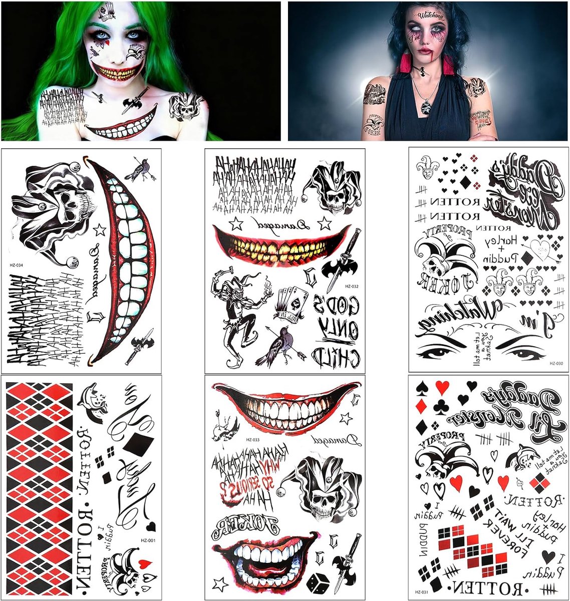 Halloween gezichtstattoo, 6 stuks zelfklevende tatoeages voor volwassenen en kinderen, mond-tattoo, horrortattoo, gezichtsskelet, zombie, duivel, Joker, vampier, voor Halloween, carnaval