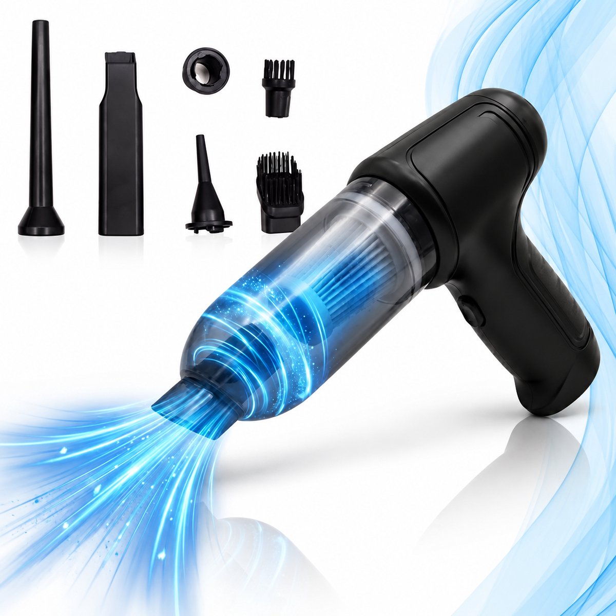 Auto Stofzuiger - Zuigen & Blazen - Kruimeldief - 6 Opzetstukken - Oplaadbaar - Handstofzuiger - Kleine StofZuiger - Air Duster - Stofreiniger - Kruimelzuiger - Zwart