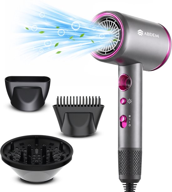 Abdem® Professionele Föhn met Diffuser & Opzetstukken Paars/Grijs - 2000W - Ionische Technologie – 3 Warmtestanden & 3 Snelheden – Sneldrogend & Anti-Pluis
