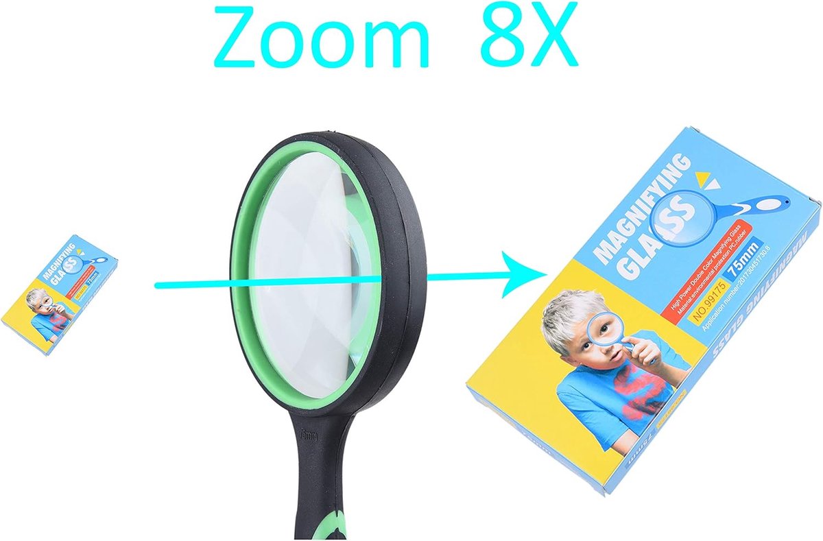 & Kind 8X Handheld leesvergrootglas - 75 mm grote vergrootlens - antislip zacht handvat - geweldig voor wetenschap, leesboeken, krantenpapier - observatie van insecten en planten - kinderen,