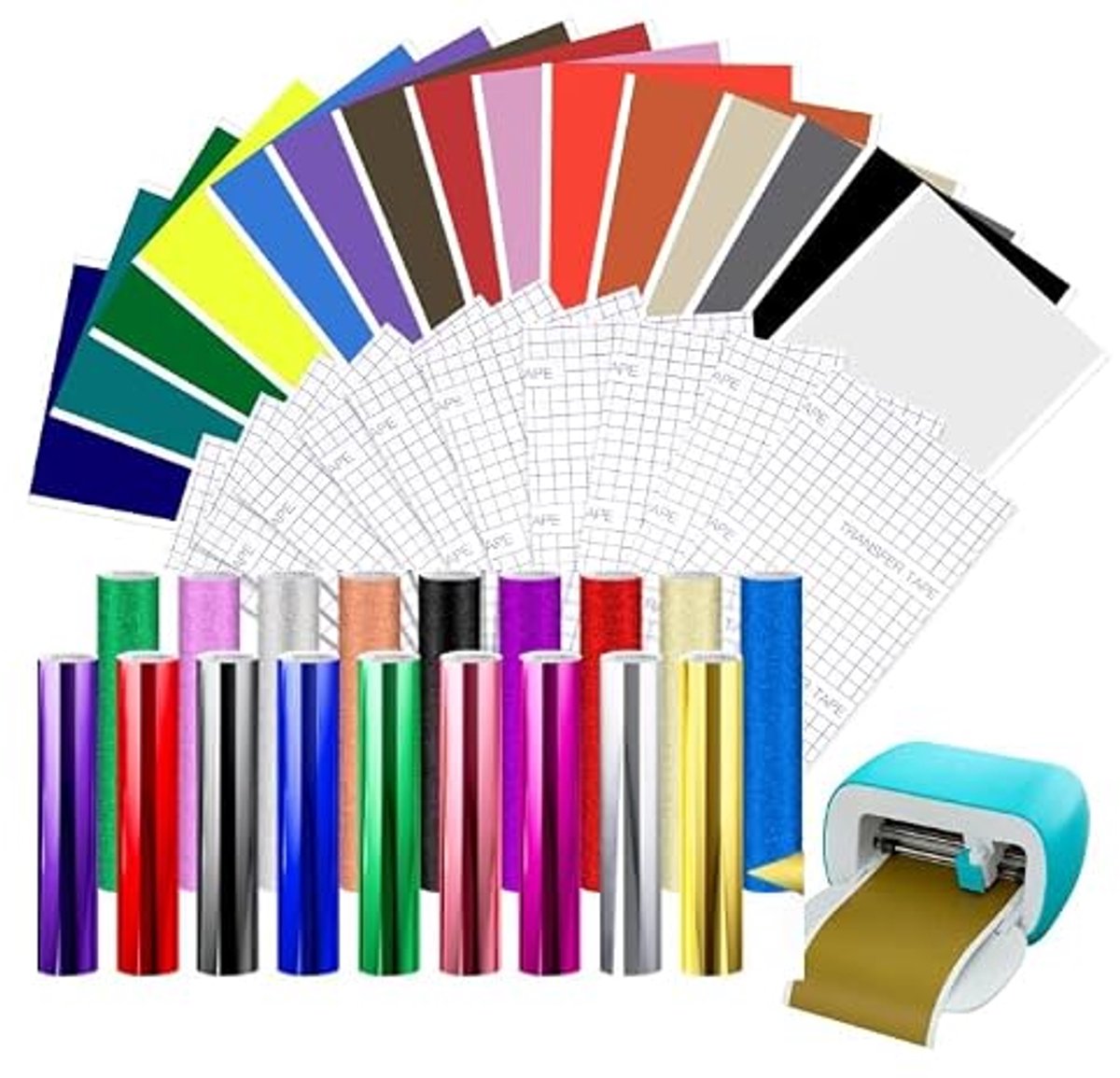 Zelfklevende smart vinyl set met transferfolie, 35 vellen in metallic en glitterkleuren, 30 x 14 cm