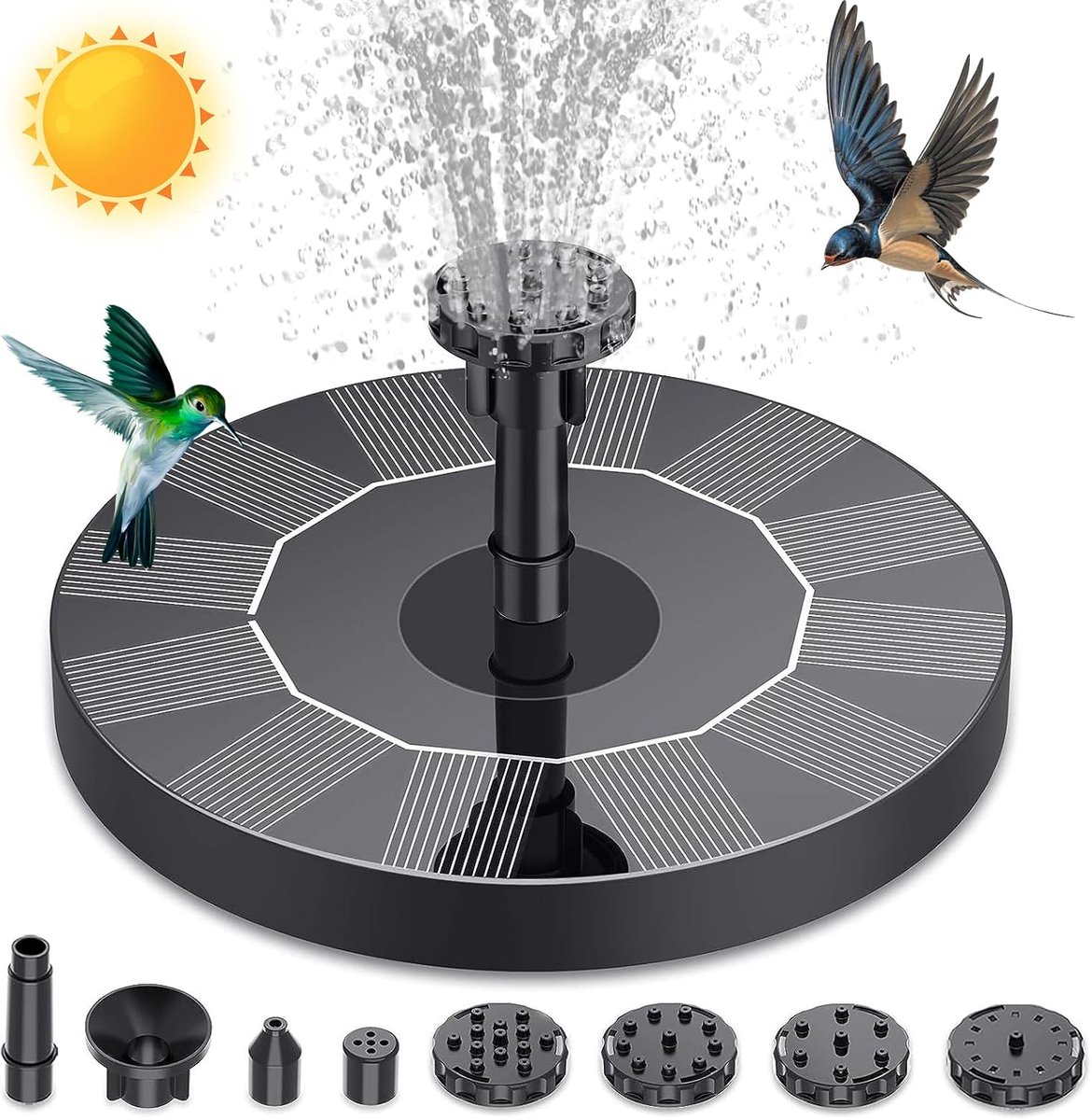 Zonnepomp voor de tuin, 1,5 W, fontein voor vogelbad met 6 sproeiers, drijvende waterpomp op zonne-energie voor de tuin, zwembad, decoratie voor tuin, vijver (13 cm)