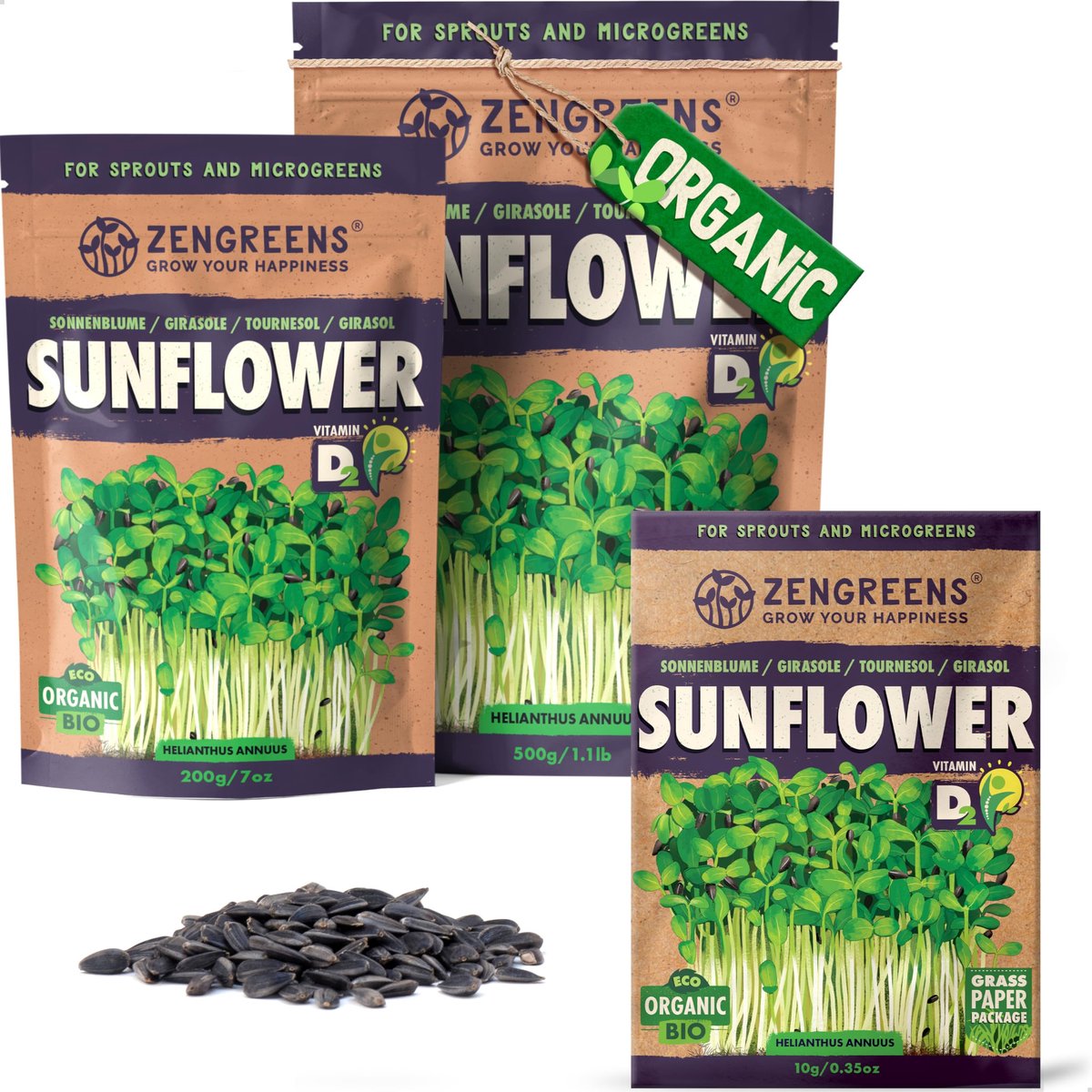 Zonnebloem zaden 10g, 200g of 500g - Biologisch - Meer dan 97% kieming - Perfect voor microgreens - ShopVlot