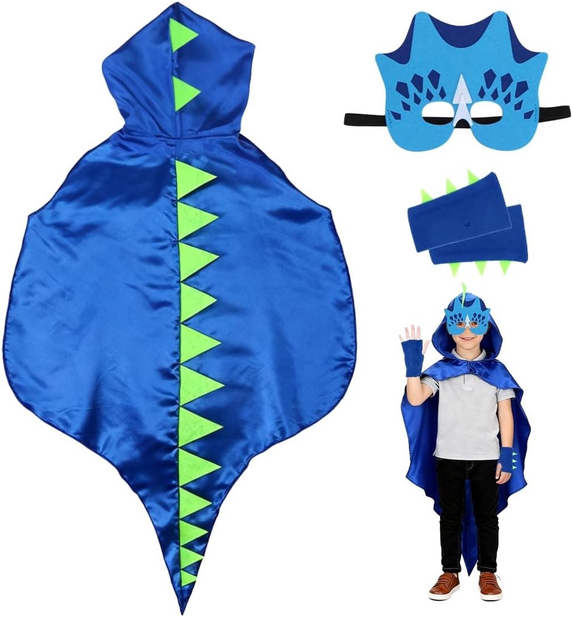 Dino Kostuum voor Kinderen, 3 Delen, Carnaval Outfit met Cape, Masker en Mouwen, Geschikt voor Peuters en Kleuters, Unisex Dinosaur Theme
