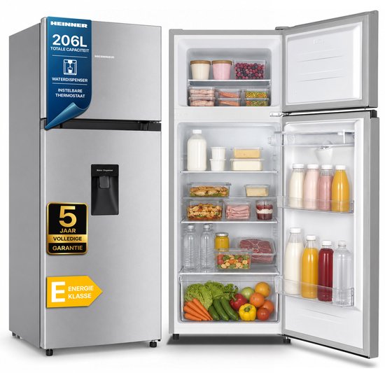 Zilverkleurige Heinner koelkast met waterdispenser. De koelkast is 206L, heeft 5 jaar garantie en een energieklasse E.