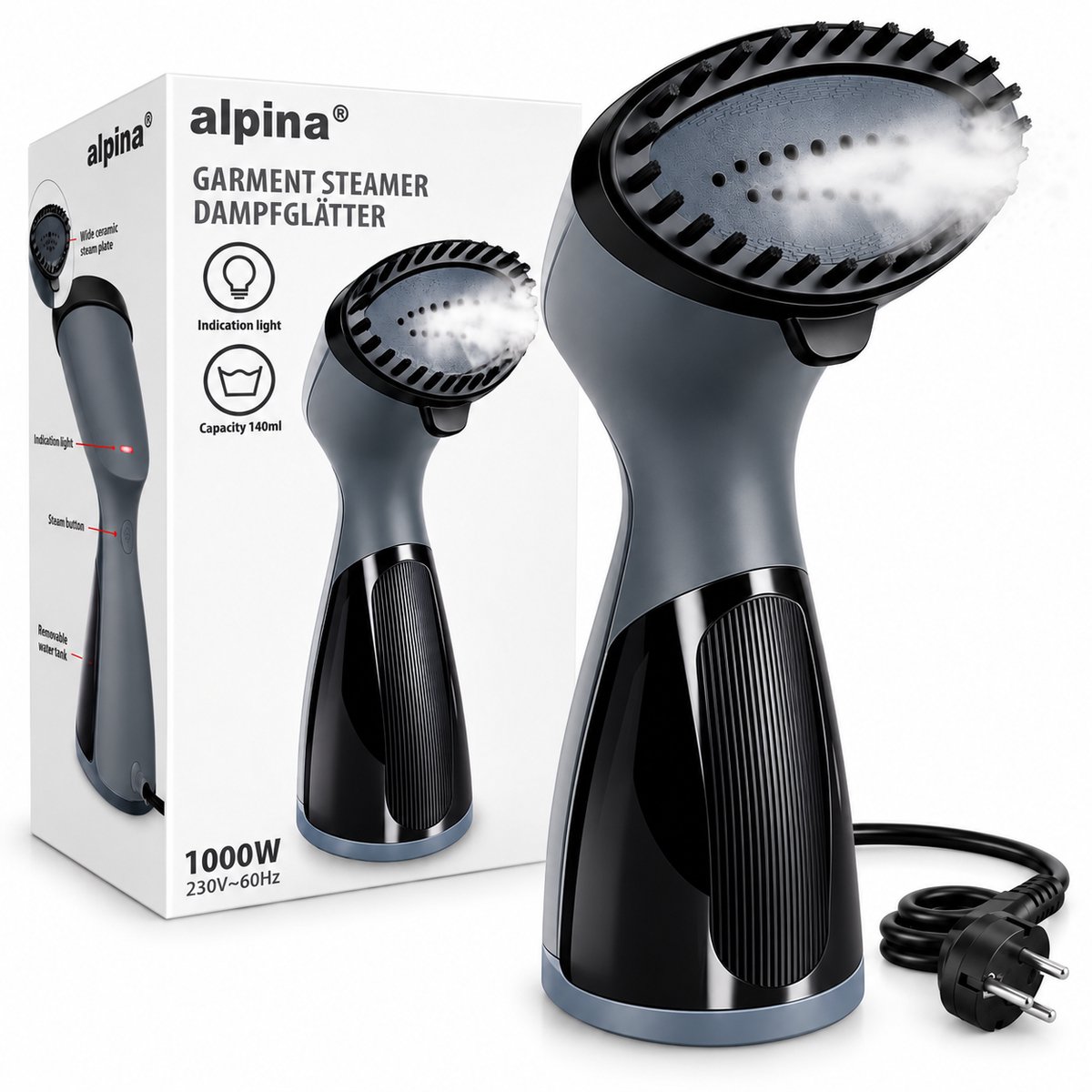 alpina Kledingstomer PG2001 - Stoomapparaat Kleding met 2 Stoomstanden - Handstomer met Afneembare Borstel en 140 ml Waterreservoir - Stomer 915-1090W
