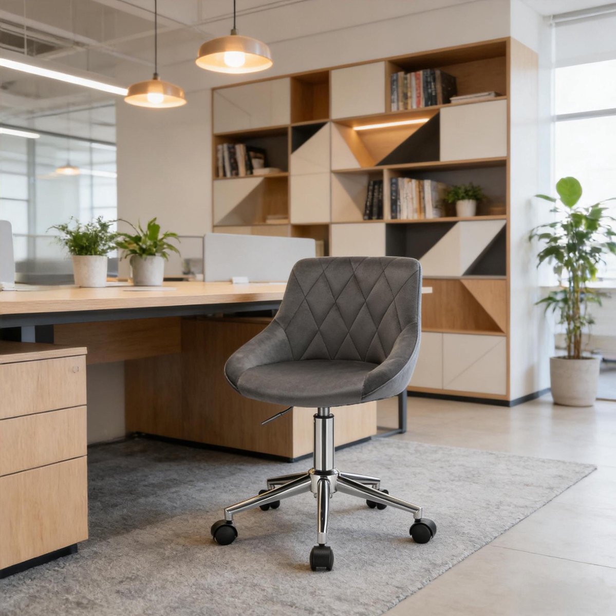 MEUNIQ Bureaustoel voor home office – hoogteverstelbaar en draaibaar met wielen, fluwelen zitting, zonder armleuningen, donkergrijs, draagvermogen 100 kg