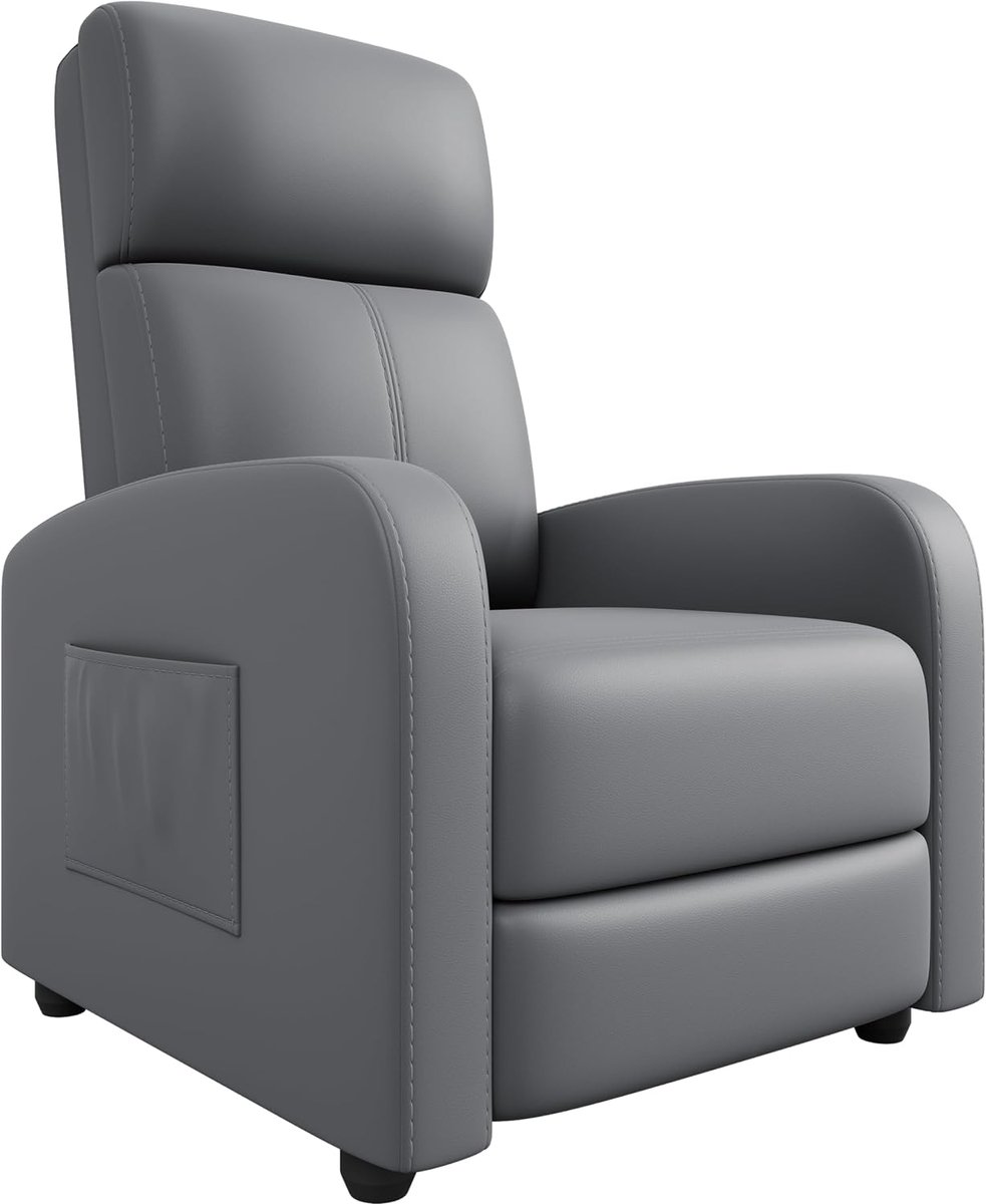 Triumpunpre Verstelbare relaxfauteuil voor volwassenen van PU-leer – Ergonomische eenpersoonsfauteuil met zijvak, hoge rugleuning, brede armleuningen en zachte zitting – Geschikt voor woonkamer of thuisbioscoop Grijs