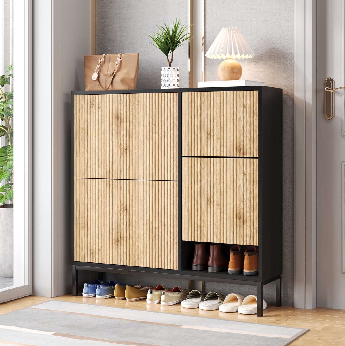 MEUNIQ Schoenenkast 100 x 25 x 100 cm met 3 kleppen, verborgen uitschuifbare zitbank en open vak voor hal of slaapkamer, zwart en naturel