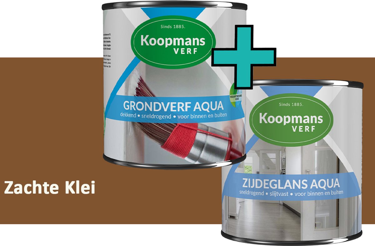 Koopmans Grondverf Aqua en Zijdeglans Aqua lakverf set - binnen buiten - Zachte Klei - 2x - 750 ml