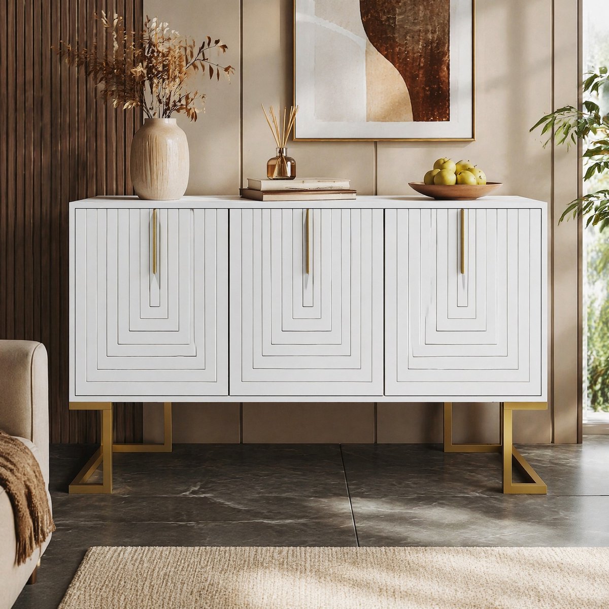 MEUNIQ dressoir met 3 deuren, verstelbare en uitneembare planken, metalen grepen en onderstel, 138 x 40 x 80,5 cm, wit voor eetkamer en keuken