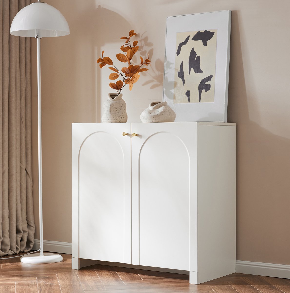 MEUNIQ dressoir met 2 deuren en binnenplank, 80 x 40 x 80 cm, wit, goudkleurige grepen en kantelbeveiliging voor de slaapkamer