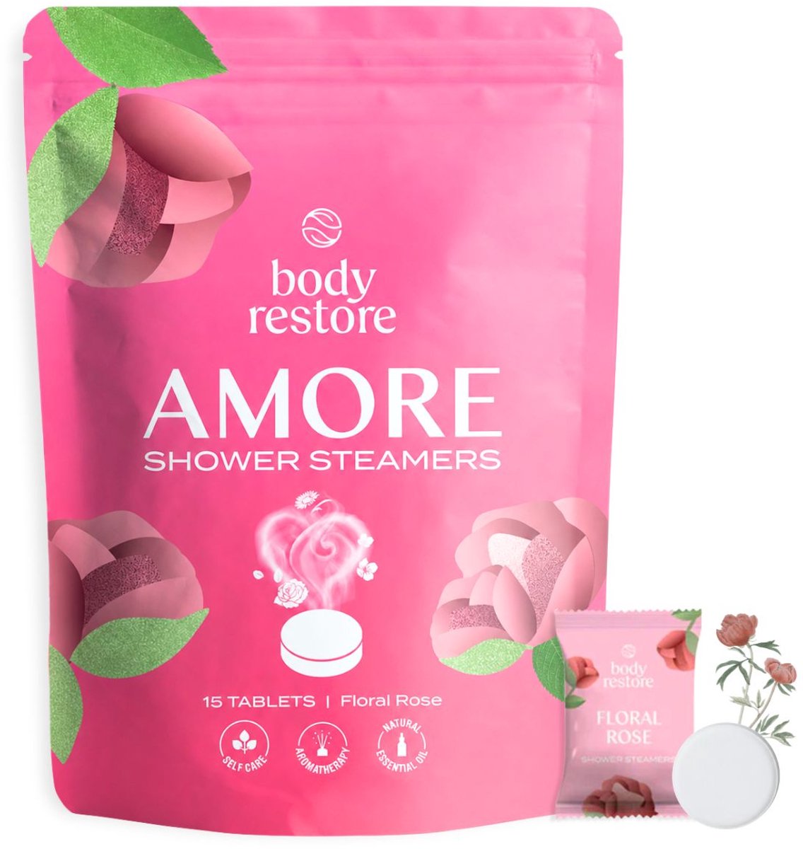 Shower Steamers Amore Floral Rose 15-pack - Body Restore - Douche Tabletten met 100% Etherische olie van rozen - Aromatherapie Douche - Voordeelpak