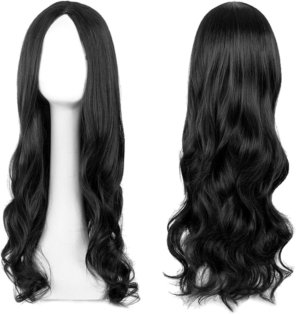 Langgolvende Zwarte Perucque voor Dames en Meisjes, 68 cm, Krullend, Warmtebestendig, Perfect voor Cosplay en Feestjes