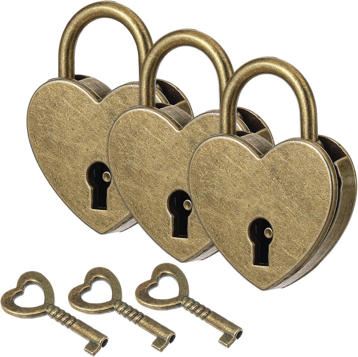 Mini Hartvormige Hangslot Set van 3 - Vintage Sleutelslot voor Kasten, Sieradenboxen en Dagboeken