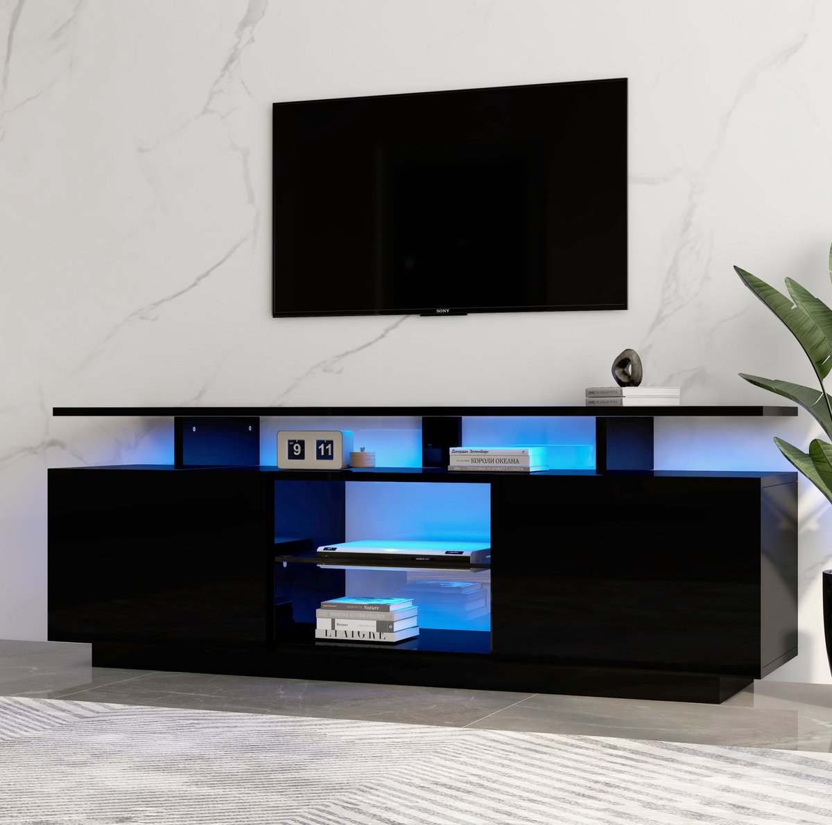 MEUNIQ TV-meubel 140 x 35 x 55 cm met 16-kleuren ledverlichting, 5 open vakken, 2 hoogglans deuren en USB-aansluiting voor woonkamer - Zwart