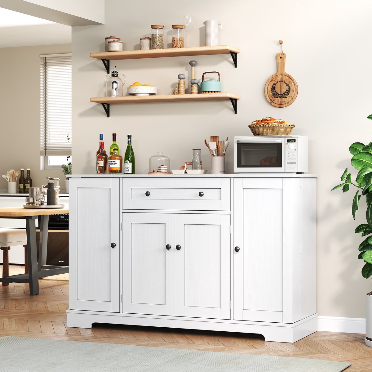 MEUNIQ Buffetkast 138 x 40 x 85 cm wit met lade, openslaande deuren, verstelbare planken en kantelbeveiliging voor keuken en woonkamer