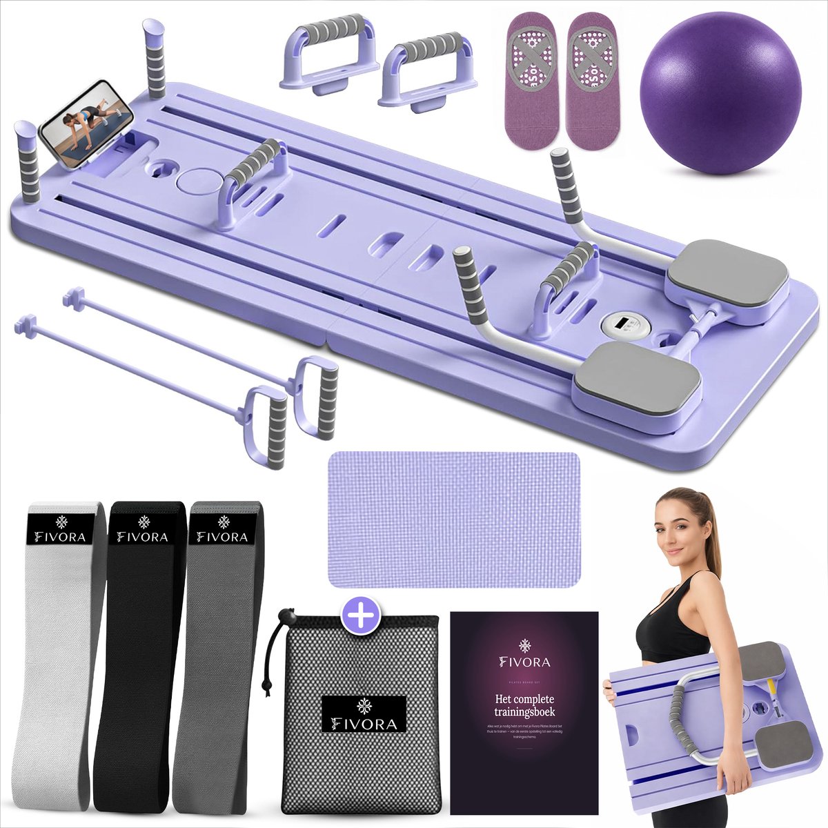 Fivora® Pilates Board - Push Up Bord - Pilates Reformer - Weerstandsbanden - Pilates Sokken - Buikspiertrainers - Pilates Bal - Pilates Set met Telefoonhouder, E-book, Kniekussen & Griphendels
