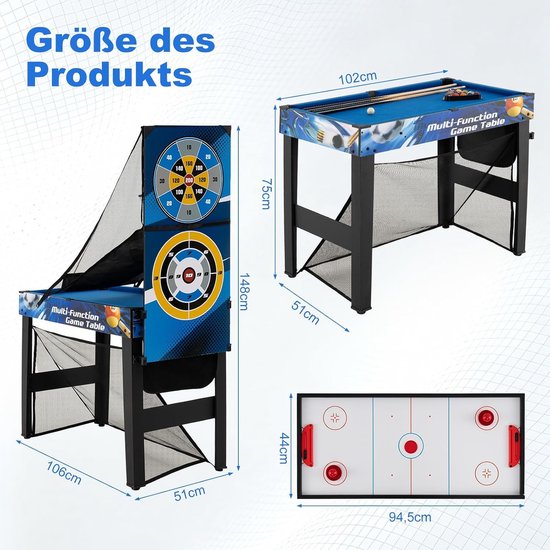 Afmetingen van de multifunctionele speeltafel en de airhockeytafel, met dartborden.