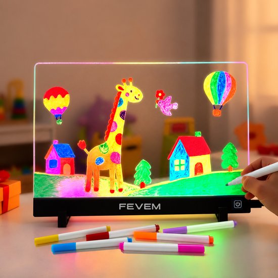 FEVEM LED Tekenbord voor Kinderen – Lichtgevend Herbruikbaar Tekenbord met 7 Neon Stiften – Creatief Cadeau voor Jongens en Meisjes vanaf 3 Jaar