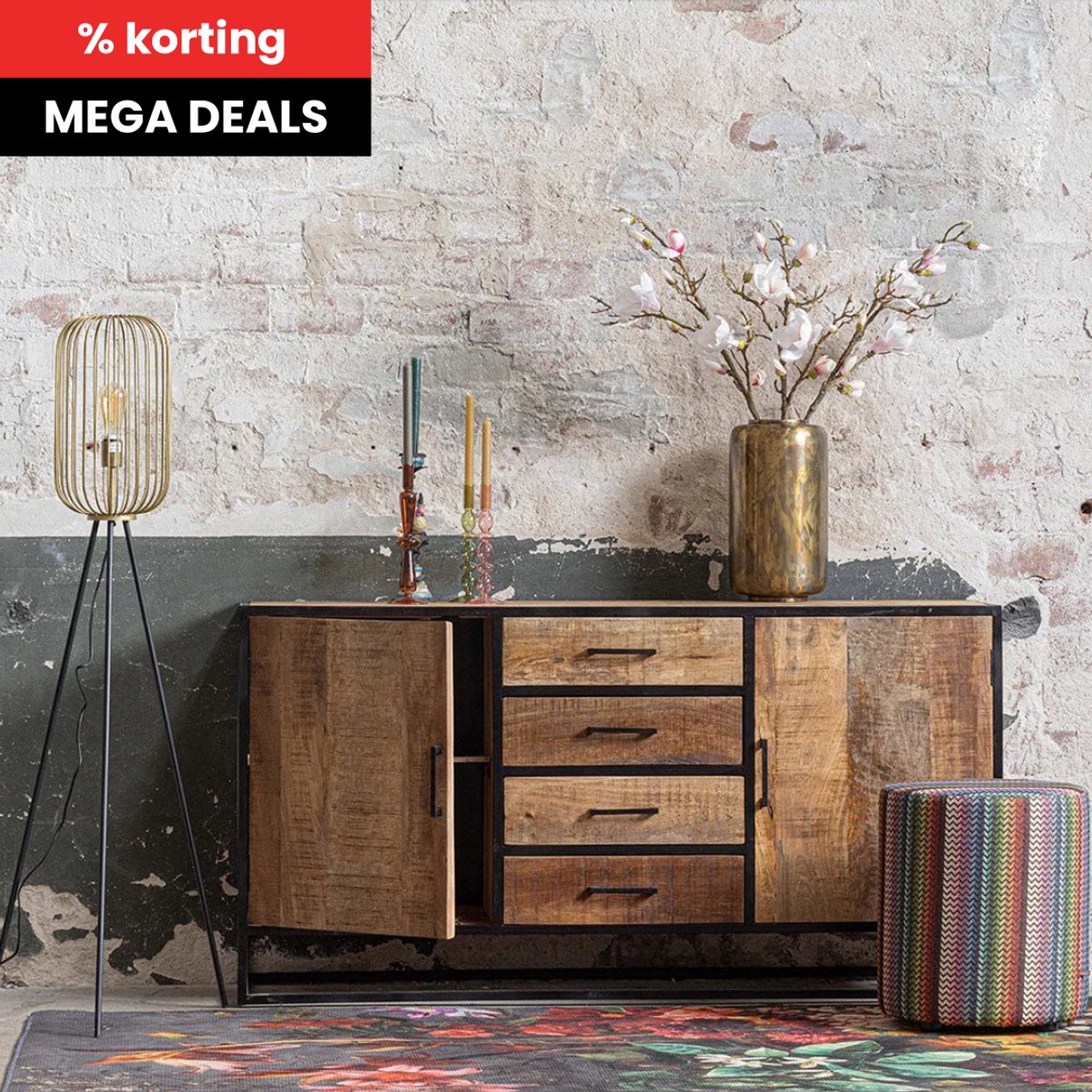 Mangohouten Dressoir San Antonio 210 cm Mahom Industrieel - Dressoir van Mangohout & Metaal - Industriële Dressoir