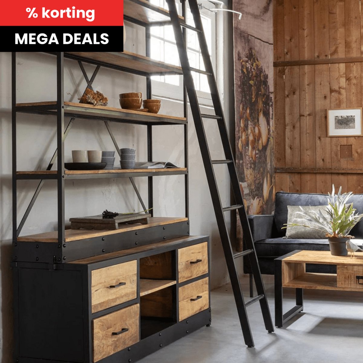 Mangohouten Boekenkast Lincoln 160 x 245 cm Mahom Industrieel - Vitrinekast van Mangohout & Metaal - Industriële Buffetkast