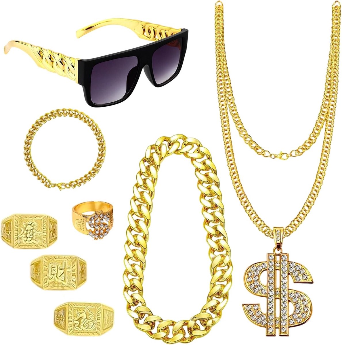8-delige Hip Hop Kostuum Accessoire Set met Plastic Dollar Ketting, Gouden Armband, Dollar Sign Ring en Retro Zonnebril voor Rapper Cosplay en Carnaval